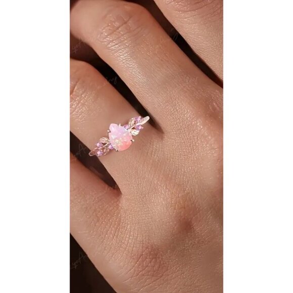 2 Pieces Pear Cut Ethiopian Pink Fire Opal Engagement Ring Set 14K Gold plated - Picture 6 of 6